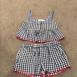 Kids Blue and White Gingham Set with Red Trim